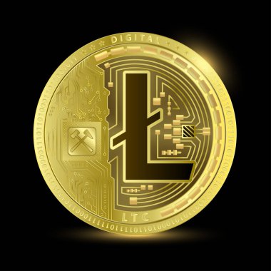 Kripto altın sikke Litecoin. Şifreli para birimi. Siyah bir arka planda izole edilmiş. Finansal işler. Simge gerçekçi 3B vektörü EPS10 çiziciName.