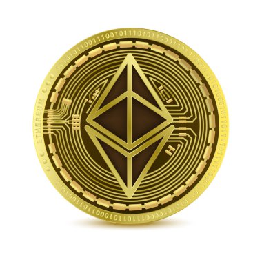 Şifreli altın sikke Bitcoin. Şifreli para birimi. Beyaz bir arka planda izole edilmiş. Finansal işler. Simge gerçekçi 3B vektörü EPS10 çiziciName.