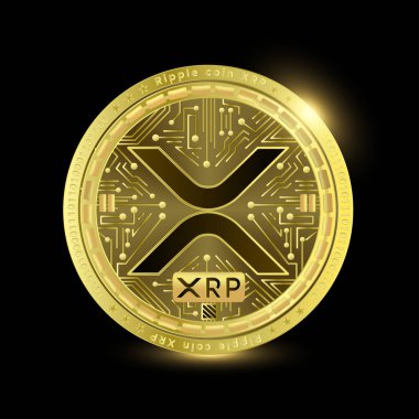 Şifreli altın sikke XRP. Şifreli para birimi. Siyah bir arka planda izole edilmiş. Finansal işler. Simge gerçekçi 3B vektörü EPS10 çiziciName.