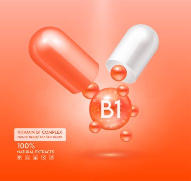 B1 vitamini portakal kapsülü. Kompleks kolajen cilt bakımı. Sağlık takviyesi, yaşlanmaya karşı. Kozmetik güzellik ürünü tasarımı. Pembe arka planda 3 boyutlu gerçekçi. Vektör EPS10.