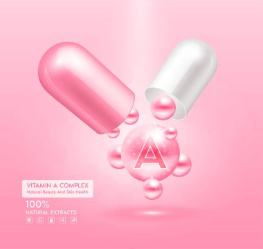 A vitamini pembe kapsül. Kompleks kolajen cilt bakımı. Sağlık takviyesi, yaşlanmaya karşı. Kozmetik güzellik ürünü tasarımı. Pembe arka planda 3 boyutlu gerçekçi. Vektör EPS10.