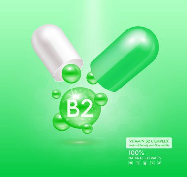 B2 vitamini yeşil kapsül. Kompleks kolajen cilt bakımı. Sağlık takviyesi, yaşlanmaya karşı. Kozmetik güzellik ürünü tasarımı. Pembe arka planda 3 boyutlu gerçekçi. Vektör EPS10.