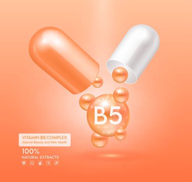 B5 vitamini portakal kapsülü. Kompleks kolajen cilt bakımı. Sağlık takviyesi, yaşlanmaya karşı. Kozmetik güzellik ürünü tasarımı. Pembe arka planda 3 boyutlu gerçekçi. Vektör EPS10.