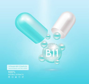 B11 vitamini mavi kapsül. Kompleks kolajen cilt bakımı. Sağlık takviyesi, yaşlanmaya karşı. Kozmetik güzellik ürünü tasarımı. Pembe arka planda 3 boyutlu gerçekçi. Vektör EPS10.