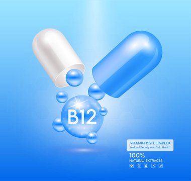 B12 vitamini mavi kapsül. Kompleks kolajen cilt bakımı. Sağlık takviyesi, yaşlanmaya karşı. Kozmetik güzellik ürünü tasarımı. Pembe arka planda 3 boyutlu gerçekçi. Vektör EPS10.
