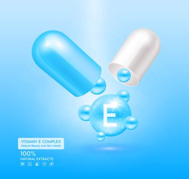 E vitamini mavi kapsülü. Kompleks kolajen cilt bakımı. Sağlık takviyesi, yaşlanmaya karşı. Kozmetik güzellik ürünü tasarımı. Pembe arka planda 3 boyutlu gerçekçi. Vektör EPS10.