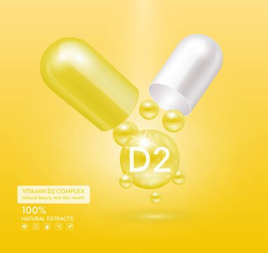 D2 vitamini sarı kapsül. Kompleks kolajen cilt bakımı. Sağlık takviyesi, yaşlanmaya karşı. Kozmetik güzellik ürünü tasarımı. Pembe arka planda 3 boyutlu gerçekçi. Vektör EPS10.