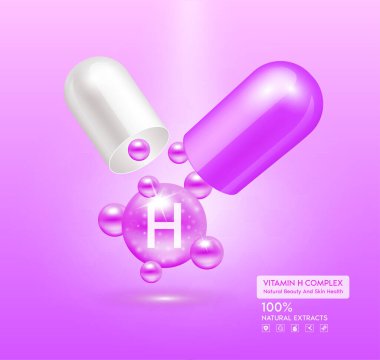 H vitamini mor kapsül. Kompleks kolajen cilt bakımı. Sağlık takviyesi, yaşlanmaya karşı. Kozmetik güzellik ürünü tasarımı. Pembe arka planda 3 boyutlu gerçekçi. Vektör EPS10.