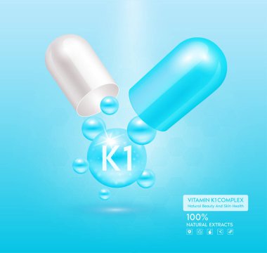 K1 vitamini mavi kapsül. Kompleks kolajen cilt bakımı. Sağlık takviyesi, yaşlanmaya karşı. Kozmetik güzellik ürünü tasarımı. Pembe arka planda 3 boyutlu gerçekçi. Vektör EPS10.