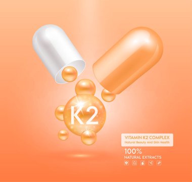 K2 vitamini portakal kapsülü. Kompleks kolajen cilt bakımı. Sağlık takviyesi, yaşlanmaya karşı. Kozmetik güzellik ürünü tasarımı. Pembe arka planda 3 boyutlu gerçekçi. Vektör EPS10.