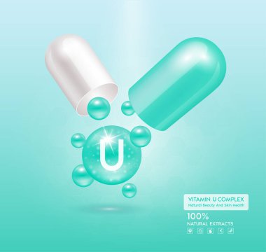 U vitamini mavi kapsül. Kompleks kolajen cilt bakımı. Sağlık takviyesi, yaşlanmaya karşı. Kozmetik güzellik ürünü tasarımı. Pembe arka planda 3 boyutlu gerçekçi. Vektör EPS10.