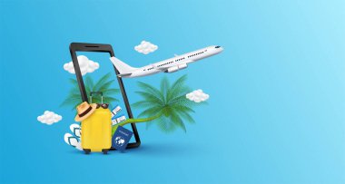 Uçak bulutlu bir şekilde akıllı telefondan uzaklaşıyor. Bavul sarısı, şapka, hindistan cevizi ağacı ve yanında uçak bileti pasaportu. Reklam medyası turizmi için. Seyahat konsepti. 3B Vektör.