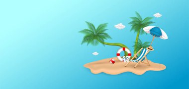 Güverte sandalyesi oturuyor, kumsalda şemsiye var, kumsalda hindistan cevizi ağacı var, bulutlar havada yüzüyor. Reklam medyası için turizm için reklam afişi. Yaz yolculuğu konsepti. 3B Vektör.