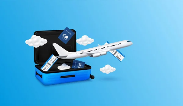 Billete Avión Pasaporte Flotar Lejos Equipaje Azul Con Avión Está — Archivo Imágenes Vectoriales