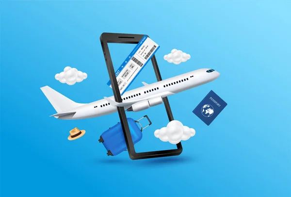 Pasaporte Aéreo Equipaje Azul Flotar Lejos Teléfono Inteligente Con Avión — Archivo Imágenes Vectoriales