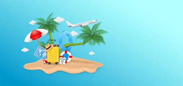 Samolot Jest Odpływać Miejsca Pin Chmury Parasol Plażowy Bagaż Żółty — Wektor stockowy