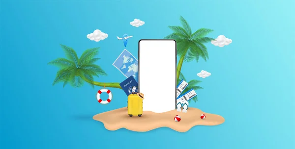 White Screen Smartphone Travel Suitcase Plane Ticket Passport Paradise Beach — Stock Vector