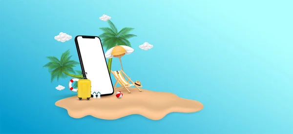 Beach Umbrella Deck Chair Sitting Travel Suitcase Yellow Smartphone Paradise — Stock Vector