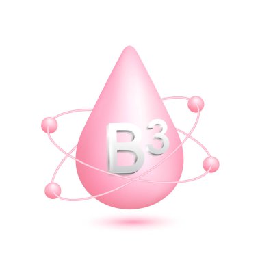B3 vitamini ikonu 3D. Atom yarıçapı su damlasının etrafında dönüyor. Reklamlarda kullanılan beyaz arka planda izole edilmiş pembe. Tıbbi güzellik konsepti. Vektör EPS10.