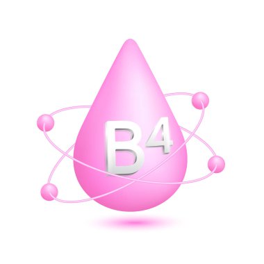 B4 vitamini ikonu 3D. Atom yarıçapı su damlasının etrafında dönüyor. Reklamlarda kullanılan beyaz arka planda izole edilmiş pembe. Tıbbi güzellik konsepti. Vektör EPS10.