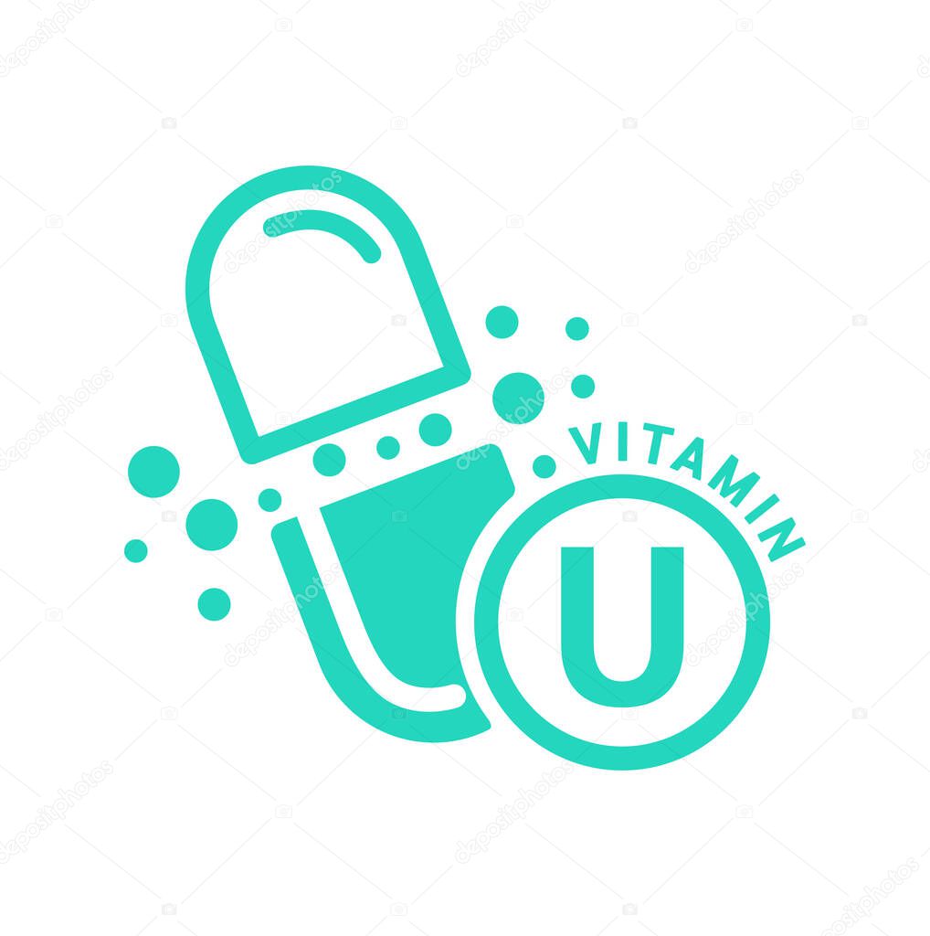 Vitamin U icon green in capsule form simple line. Isolated on a white background. Medical symbol concept. Design for use on web app mobile and print media. Vector EPS10 illustration.