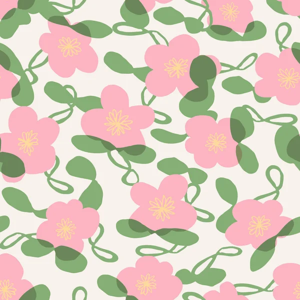 Απρόσκοπτη Μοτίβο Ανθισμένα Ροζ Λουλούδια Και Πράσινα Φύλλα Φόντο Κρέμας — Διανυσματικό Αρχείο