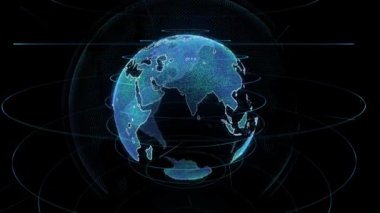 Dünya Hologramı Dünya 'nın etrafındaki siber uzay yapısında kusursuz bir şekilde dönüyor. Görüntü ile döngü içinde 3D animasyon. Geleceğin İş ve Teknoloji Konsepti.