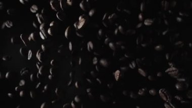 Slow motion of exploding premium coffee beans towards the camera. coffee seeds bounce after fall