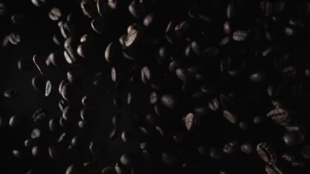 Slow Motion Exploding Premium Coffee Beans Camera Coffee Seeds Bounce — Vídeo de Stock