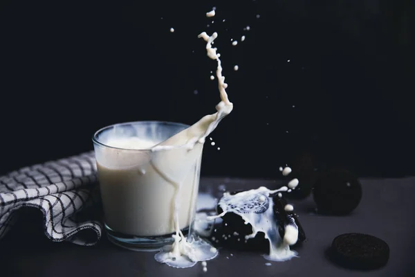 milk with ice cream and a glass of water on a black background