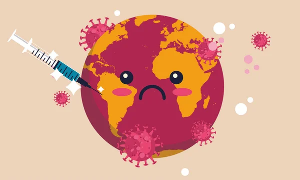 Terre Monde Couronne Vaccin Dose Mondiale Planet Care Concept Coronavirus — Image vectorielle
