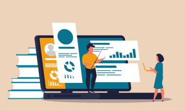 Çevrimiçi sınıf eğitimi akıllı telefondan. Sosyal uzaklık ve çevrimiçi vektör illüstrasyonunda bilgi edinme. Erkek ve kadın online kolej konseptini araştırıyor. Öğrenciler ve eğitim evden kitaplarla