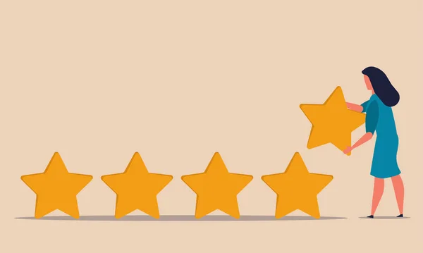 Upgrade Rating Sterren Feedback Vrouw Draagt Een Gouden Ster Klant — Stockvector