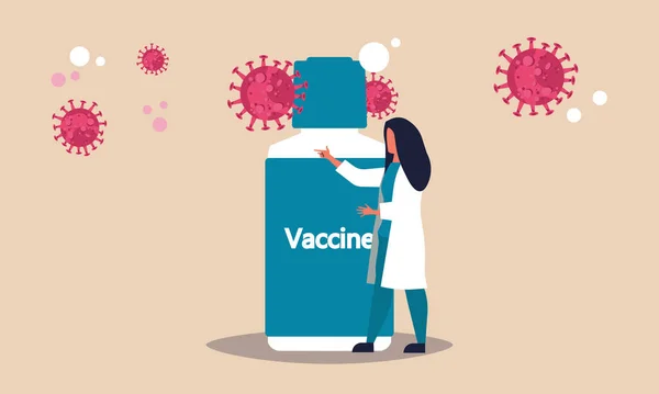 Flacon Vaccin Covid Femme Médecin Protéger Les Personnes Contre Virus — Image vectorielle