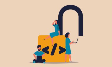 Open source code and programming online. People on lock support office system and analysis software vector illustration concept. Man and woman network developer. Cooperation work and program datum clipart svg vector 