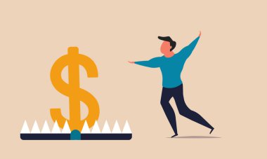 Trap bait money and risk tax dollar. Man run for temptation and incentive treasure vector illustration concept. Business budget investor loan problem finance and lure wealth people fraud