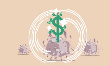 Business recovery and positive finance economy. Future after crisis and dollar green sprout growing on virus vector concept illustration. Company care money better and progress solution market problem