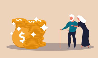 Yaşlılıktan emekli ol ve emeklilik için 401 bin dolar al. Ira gelir ve madeni para insanlara vektör illüstrasyon konsepti yatırım. Yaşlı finansman yatırımları ve iş planı yaşlılar. Zengin bir adam ve kadın.