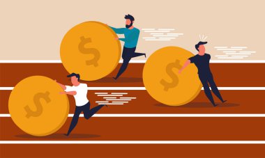 Bozuk para yarışı ve hızlı ekonomi mücadelesi. Büyüyen zenginlik ve 401k para vektör illüstrasyon konsepti. İşadamı işletme ve sanal para ticareti. Yatay sürat veya finans gelirleri