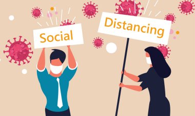 Sosyal uzaklık ve küresel risk koronavirüsü. Maske korumalı toplum vektörü illüstrasyon kavramı olan insanlar. İnsan hastalığını ve izolasyon grubunu engelle. Yeni normal sağlık ve virüs yayıldı