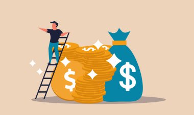 Zengin yatırımcılar ve iş adamları için kariyer artışı. Altın sikkeyi bankacılık çantası vektör illüstrasyon konseptiyle istifleyin. Mali büyüme ve gelir yatırımı. Kazanca ve geleceğe tırmanma başarısı