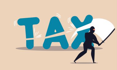 Financial tax reduction and slash with sword ninja taxation. People loss money and investment vector illustration concept. Government reform for money and deduction income pay. Business budget fee clipart