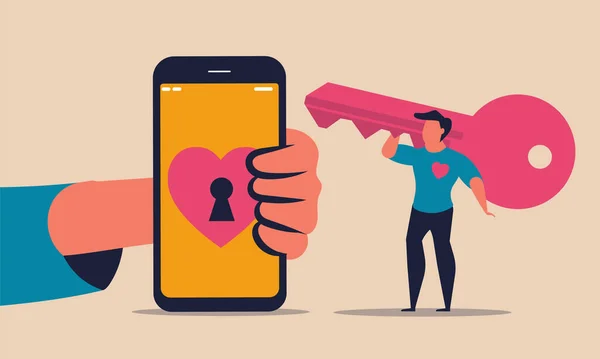 Randění Aplikace Muž Chytrým Telefonem Klíčem Sociální Média Romantika Láska — Stockový vektor