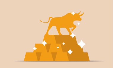 Finansal altın boğa ve ticaret fiyatına pozitif yatırım. İş gücünden döviz para vektör illüstrasyonuna. Altın para ve spekülasyon sermayesi. Külçe külçe bar ve kâr pazarı