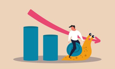 GDP yavaş tahmin ve durgun ekonomi. Yavaşlayan ok ve azalan istatistiksel eğilim vektör illüstrasyon kavramı. Para birimi düşüşü ve devletin yatırım kaybı. İş bütçesi salyangoza döndü