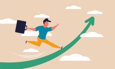 Kariyer becerisi ve iş okuna hızlı atlama. Yönetim fırsatı hedefi ve büyüyen lider vektör illüstrasyon kavramı. İşe alım stratejisi geliştirme ve yatırım yolu. İnsanlar meydan okuyor