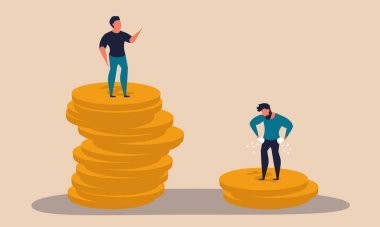 Ekonomik eşitsizlik ve paradan zengine farklılık. Topluma kapitalizm ve kötü eşitlik vektör çizimi kavramı. Engelli dengesi ve dezavantajlı insan. Zenginlik ve çatışma karşılaştırması
