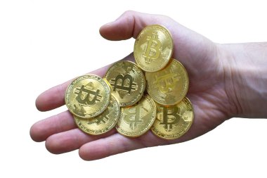 Birkaç Bitcoin 'i tutan bir el.
