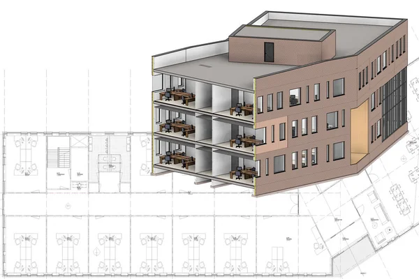 A building on a construction drawing. In the top left corner is an empty space for your logo, text or something else.