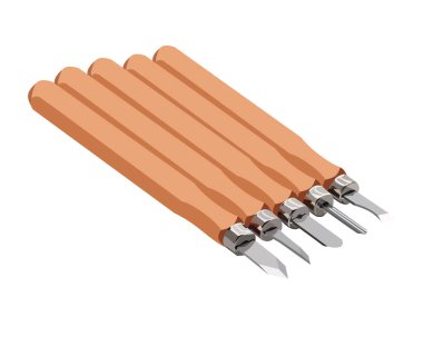 Vector Illustration Wood Carving Chisel beyaz arka planda izole edildi. Ahşap saplı marangoz el aletleri.